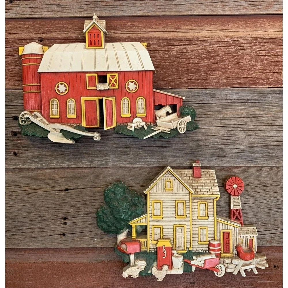 HOMCO Farm House Barn Wall Art 1975 #7369 Chickens Horse Windmill Silo LOT OF 2